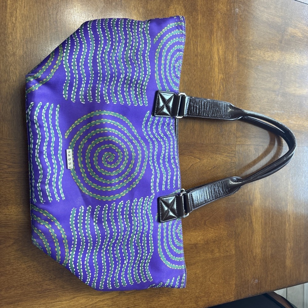 Abbi Large Shoulder Bag Purple With Green Design And Brown Strap‎